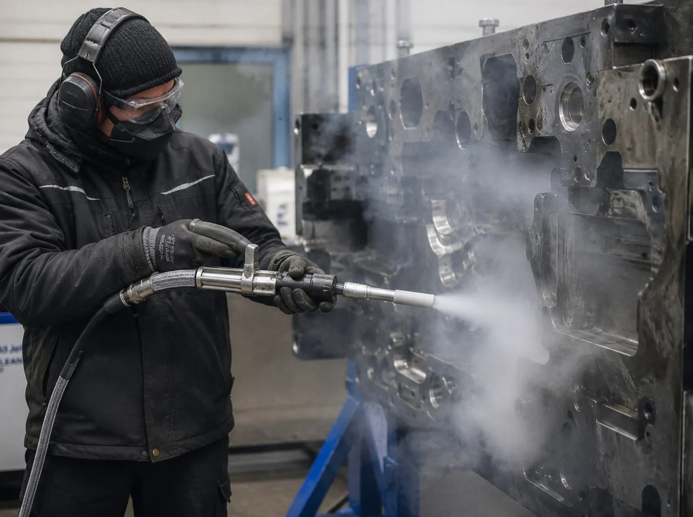 Trockeneisstrahlen an einem Industriebauteil, CO2-Nebel an der Düse